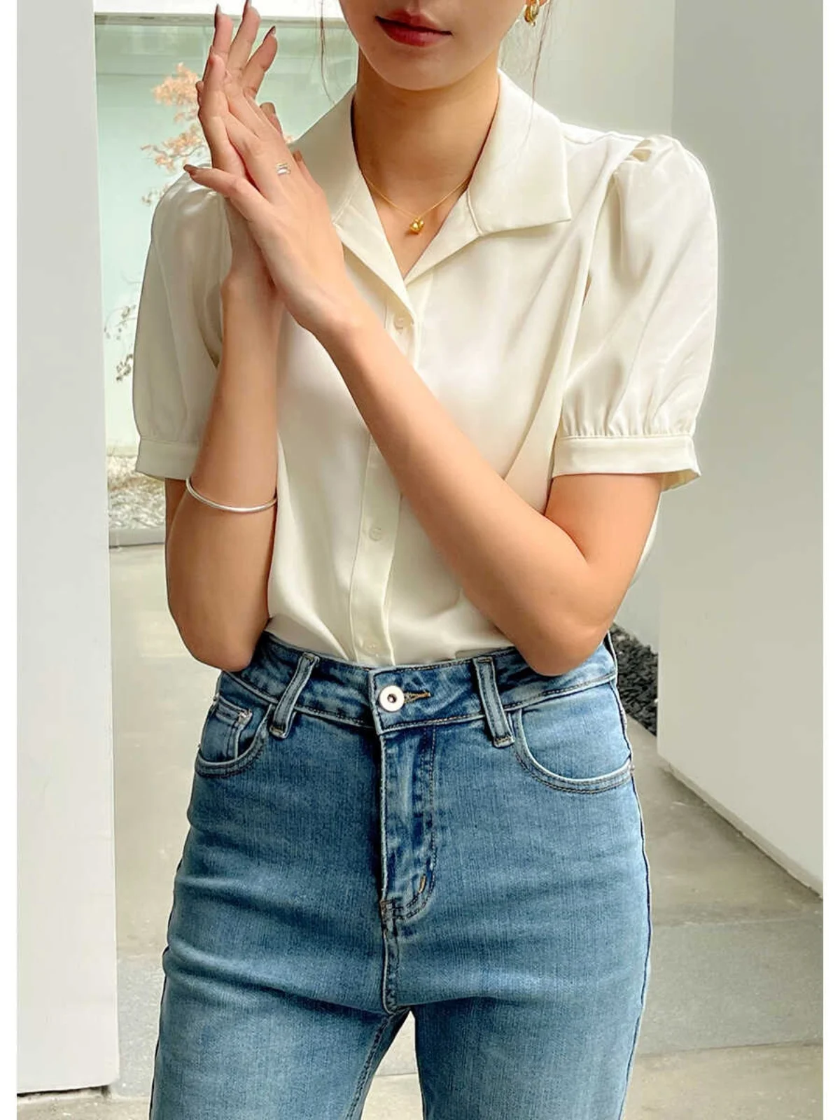 

Profional Interview Suit for Women Summer Commute White ort Sve irt Straight Cut OL Sle Pure Color Button down