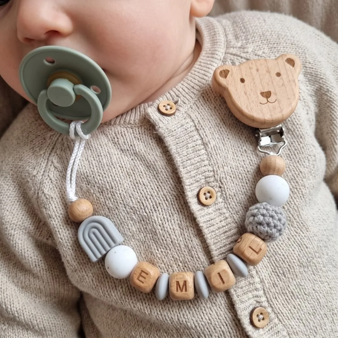 Personalized Pacifier Clip Custom Name Wooden Bear Clip Gray Silicone Rainbow Crochet Beads Baby Soother Holder Newborn Gift