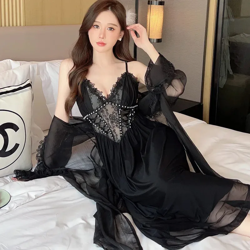 

Black Bride Kimono Bathrobe Suit Spring 2Pcs Nighty&robe Set Mesh Lace Rayon Nightdress Women Elegant Sleepwear Gown Loungewear