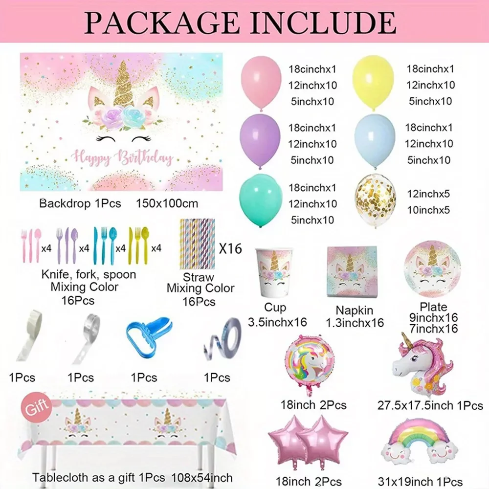 Unicorn Photography Background 223 Pcs Set Birthday Party Decor Kids Girls Balloon Decor Baby Shower Cake Smash Photo Backdrop
