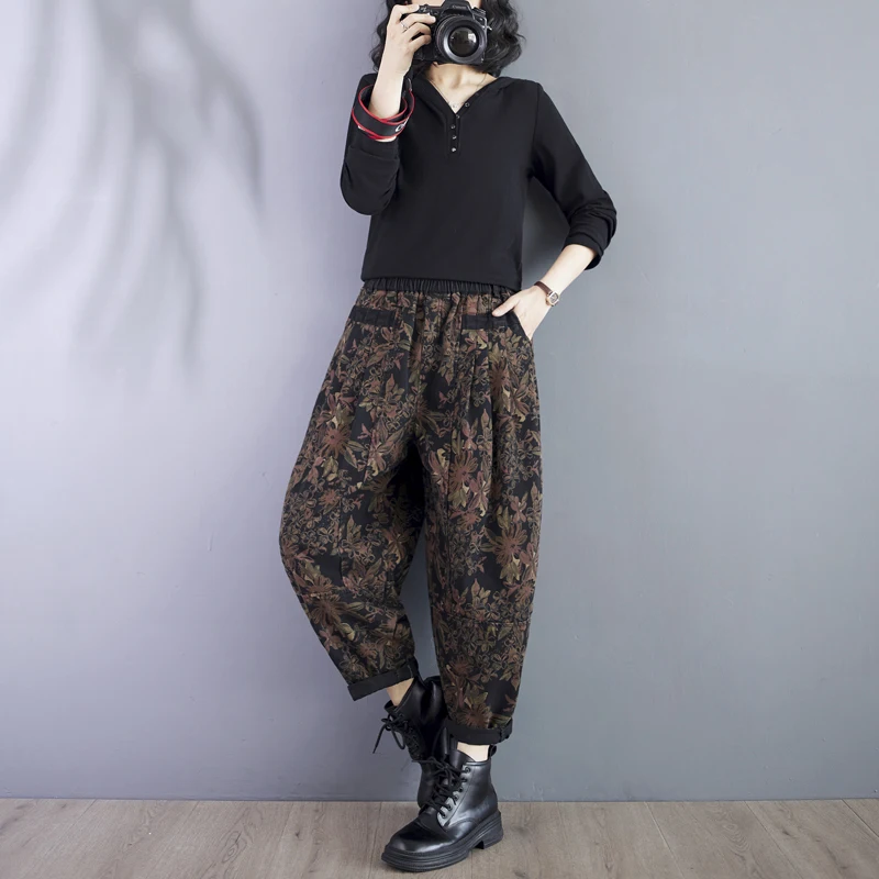 الرجعية طباعة هارلان السراويل النسائية عارضة فضفاض التخسيس Faionable ربيع الخريف عالية الخصر طويل بلا أبي الجينز السيدات