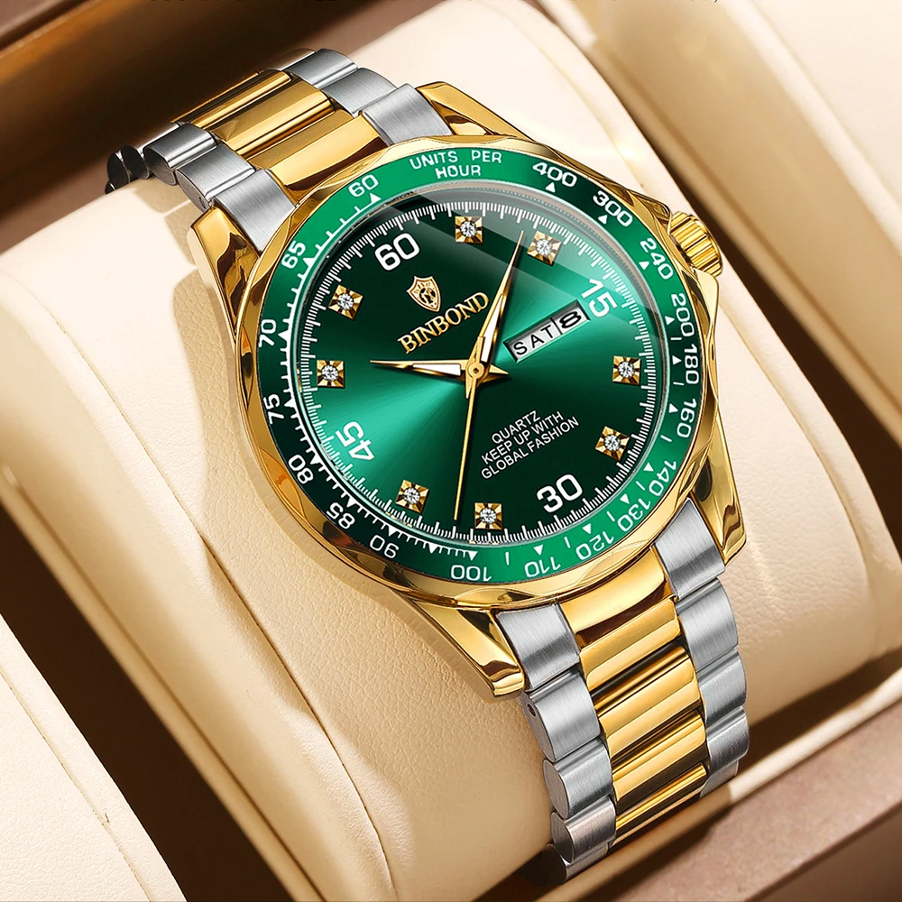 BINBOND Orologi da uomo d'affari Orologio da polso al quarzo originale moda classica Orologio da uomo in acciaio con data e settimana luminosa impermeabile