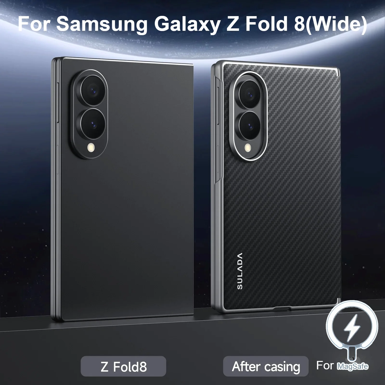 Business Carbon Fiber Texture PU Leather PC Chain Case for Samsung Galaxy Z Fold 8 Wide 5G for Magsafe Charging Shockproof Cover