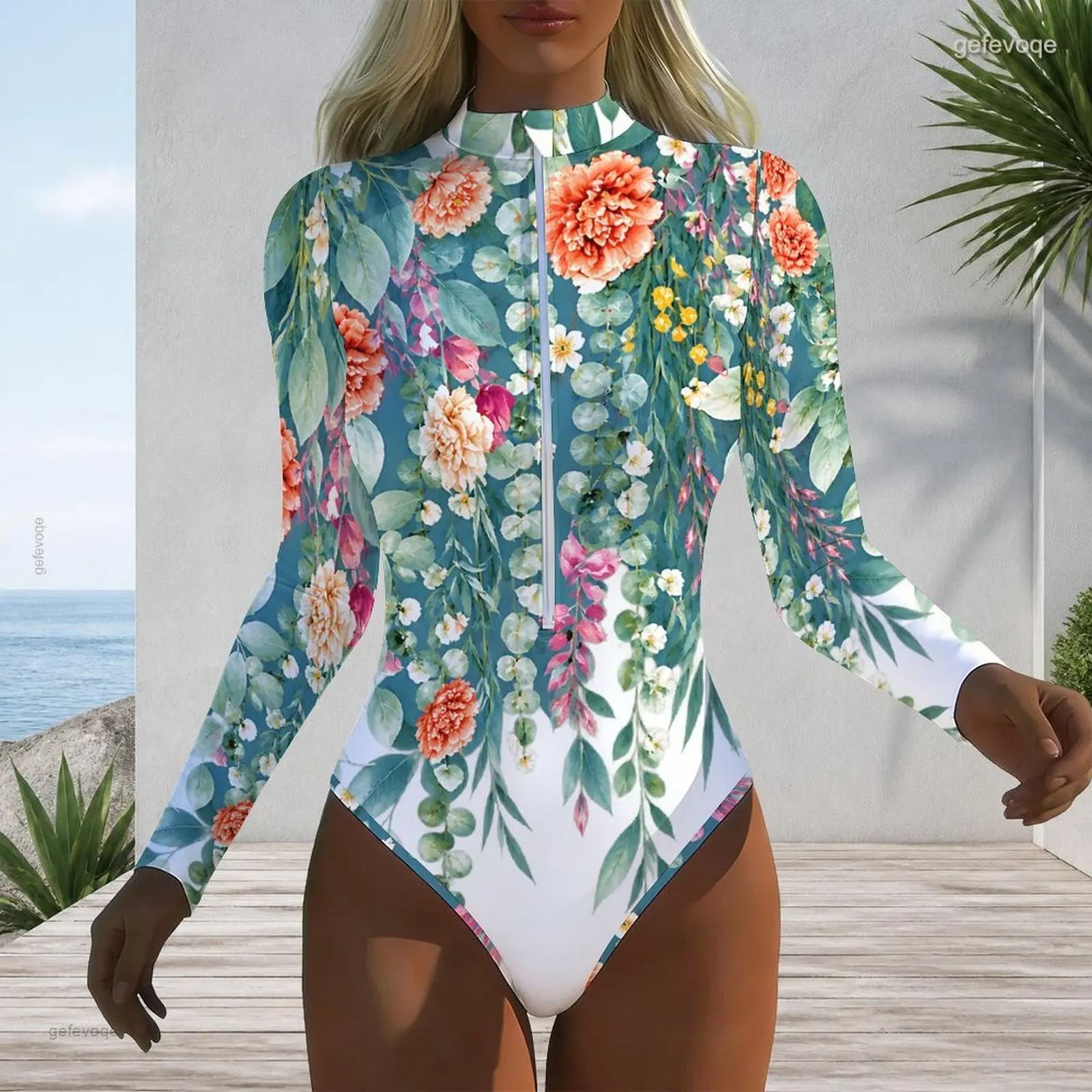 Women Swimsuit with Print High Neck Front Zip Long Sleeve One Piece