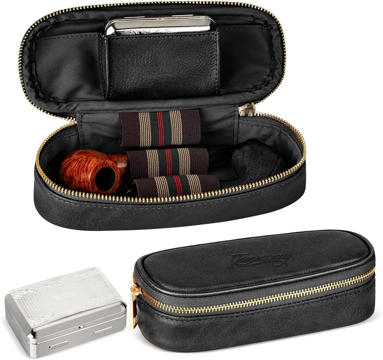 Tesonway-PU Leather Pipe Pouch, Pipe Case, Bag for 2 Pipes and Pipe Cleaners Screens Tamper, Smoking Pipe Accessories