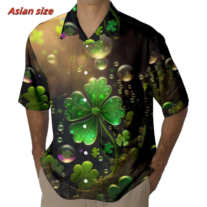 Happy St. Patrick's Day Pattern Hawaiian Shirt For Men Clover 3D Printed Short Sleeve Casual Vacation Lapel Aloha Shirts Blouses