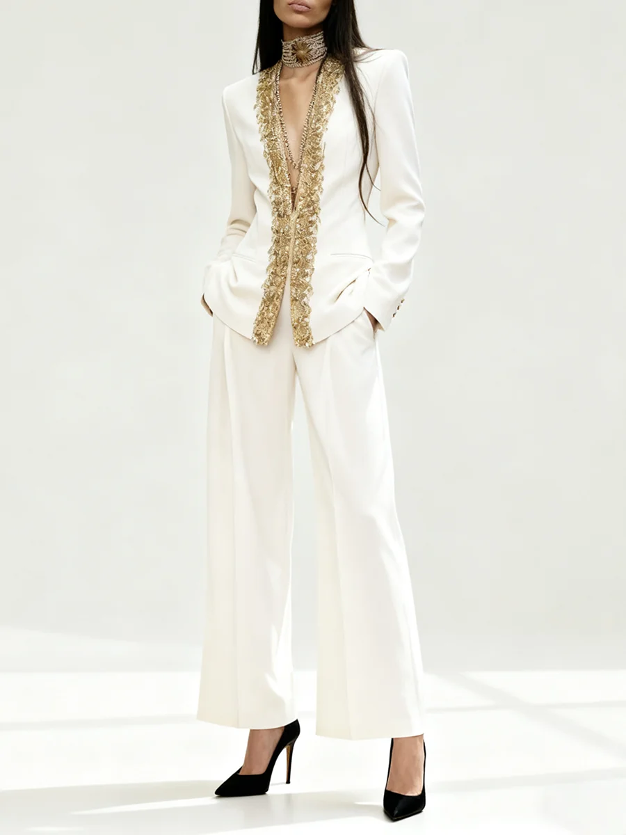 VGH 우아한 럭셔리 솔리드 스플라이스 다이아몬드 투피스 세트 여성용 딥 V넥 긴팔 탑 하이웨이스트 팬츠 시크 세트 여성용