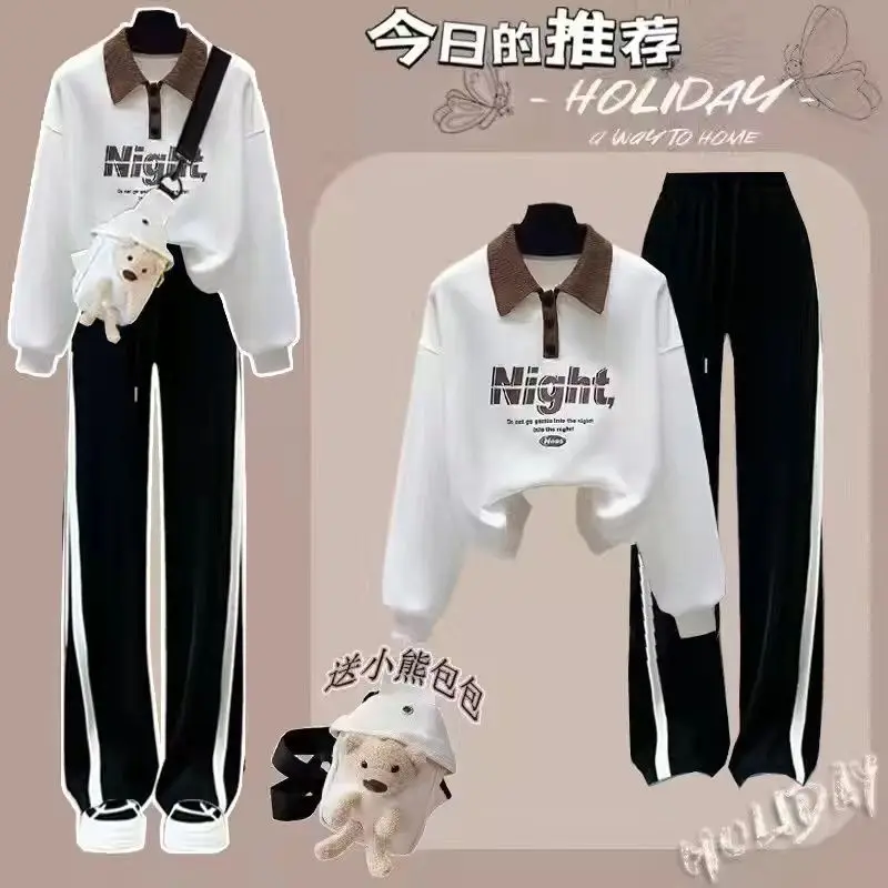 Spring and Autumn Fashion Sports Set Women's New Korean Loose College Style Polo Collar Top+Work Pants Two Piece Set