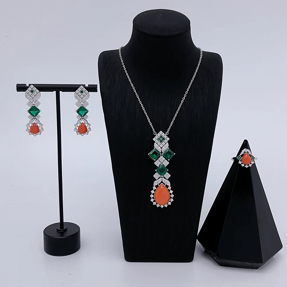 TirimTrendy Jewelery Set for Women Turquoi Necklace Set Cubic Zirconia Necklace /Earrings /Ring Bridal Party Accessory