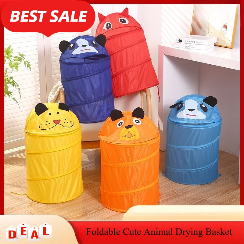 Kids' Foldable Animal Laundry Hamper - Spring-Assisted Collapsible Clothes Bin with Lid, Cute Cartoon Storage Basket for Toys