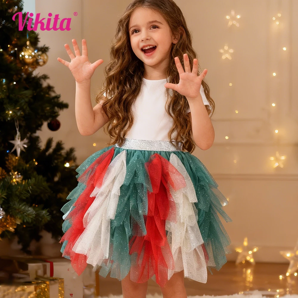 VIKITA filles paillettes couches Tutu jupe enfants Festival fête irrégulière Tulle brillant moelleux noël nouvel an jupes cadeau