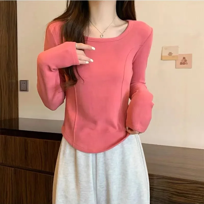

Korean Women Fashion Square Collar T-shirt Spring Female Solid Color Tshirt Coat Spring Autumn Ladies High-end Long Sleeves Tees