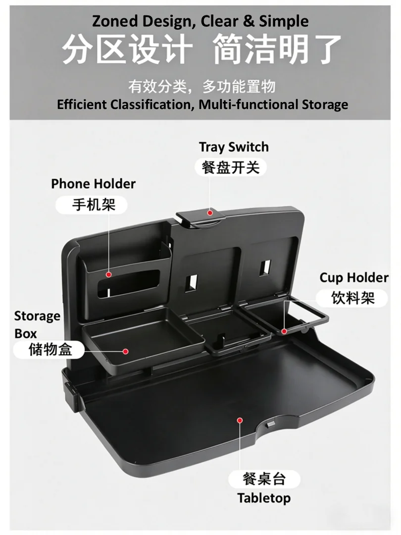 Car Back Seat Food Tray with Phone & Cup Holder - Multi-Functional Dining Table Auto Interior Storage Accessory view 5