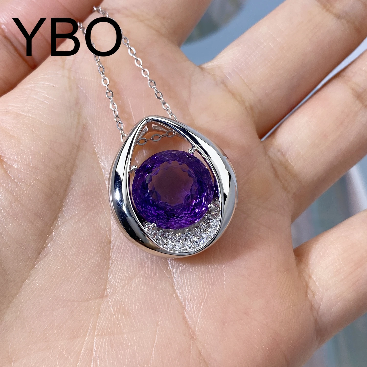 

YBO 14mm Natural Amethyst Crystal Necklaces Women 925 Sterling Silver Big Gemstones Pendants Necklaces Wedding Luxury Jewelry