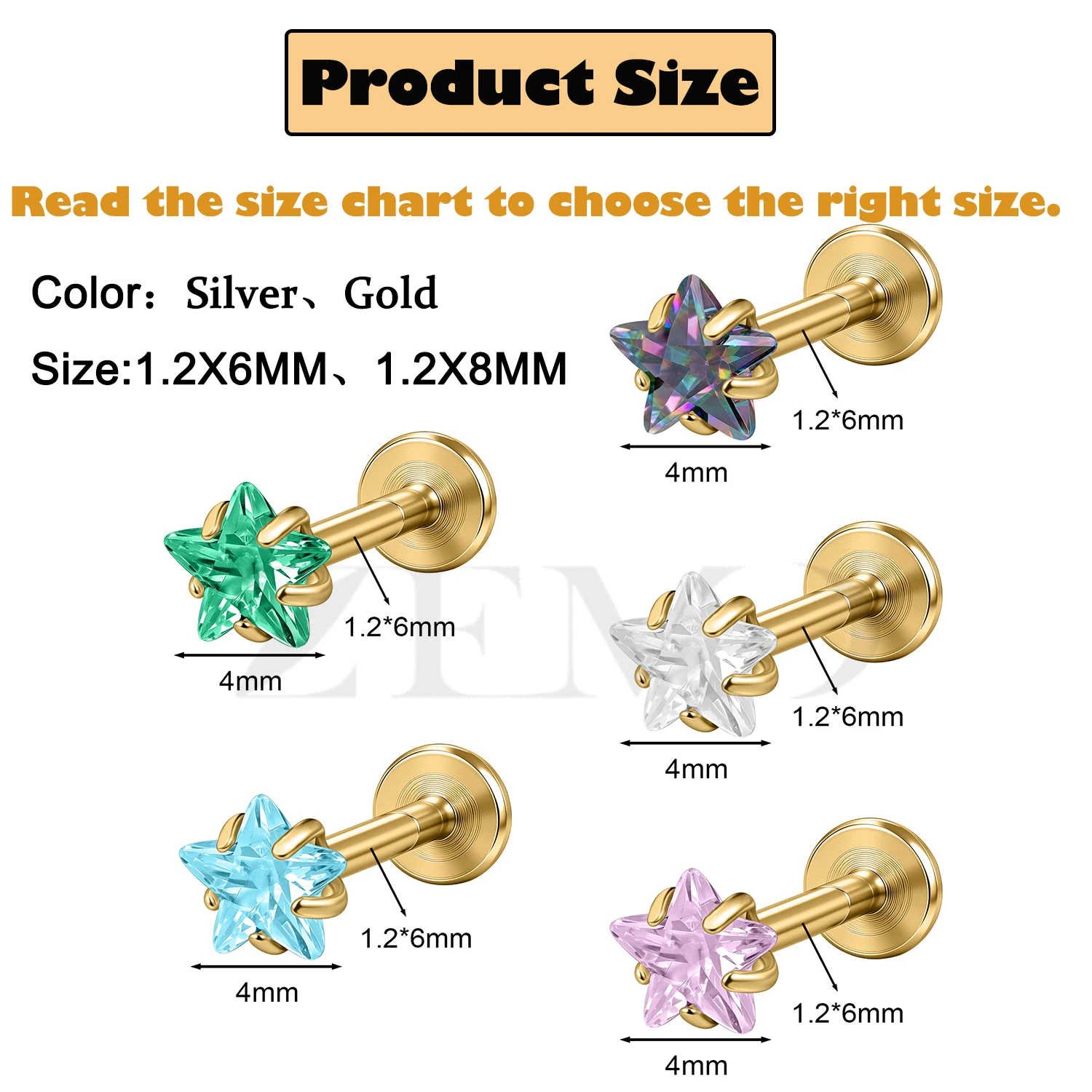 ZEMO 1PC 16G ASTM F136 Titanium Lip Stud Labret Piercing Star Heart Round CZ Earrings Internal Threaded Cartilage Helix Piercing