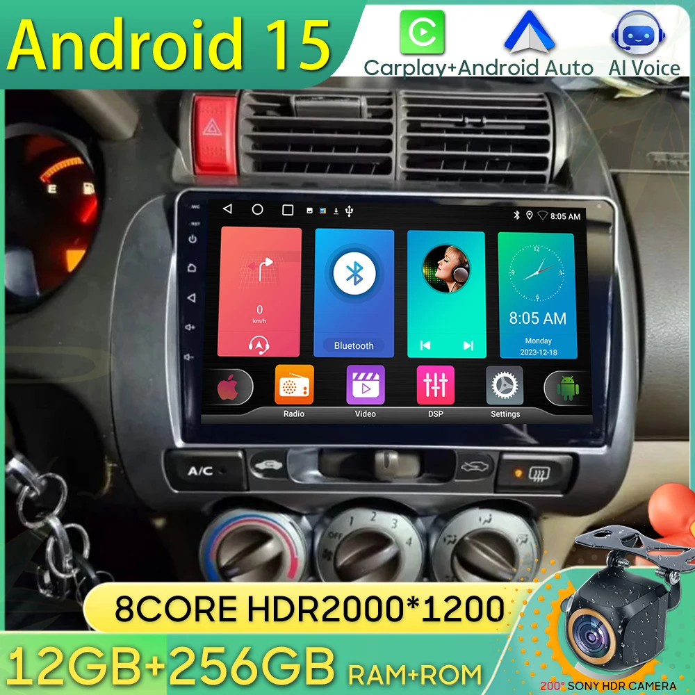 

Автомобильный радиоприемник Android 15 для Honda Fit Jazz City 2002-2007, GPS-навигация, Android Auto Carplay, Wi-Fi, видео, стерео экран, без 2din