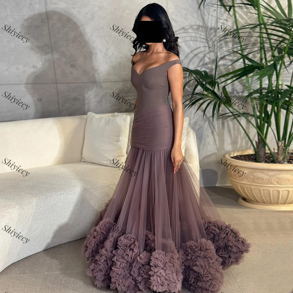 Off the Shoulder Ruffles Evening Dress Tulle Sexy Deep V-Neck Saudi Arabia Ball Grwns  Prom Dress Custom Made Robes De Soirée