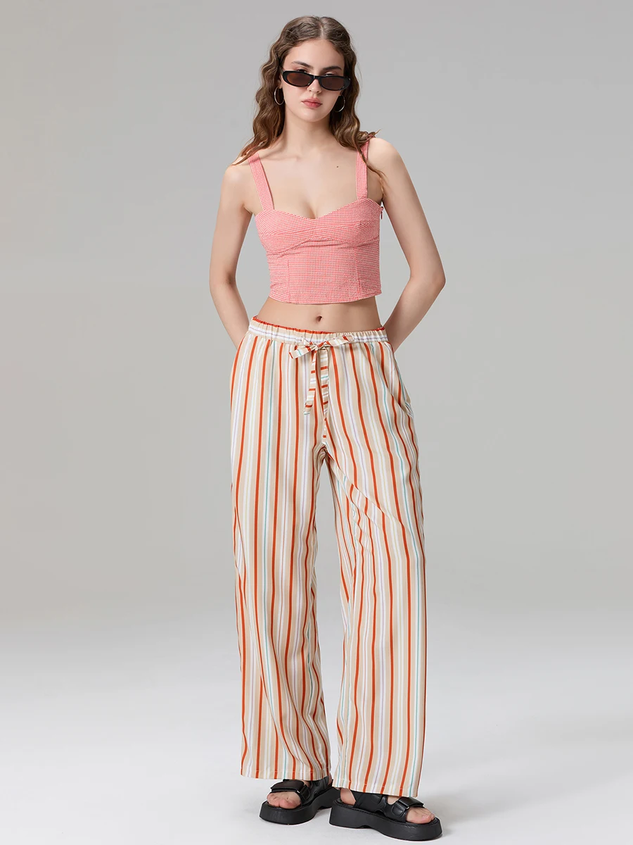 wsevypo Women's Casual Vertical Stripe Long Pants Elastic High Waist Wide Leg Trousers for Work Daily Streetwear Lounge Bottoms