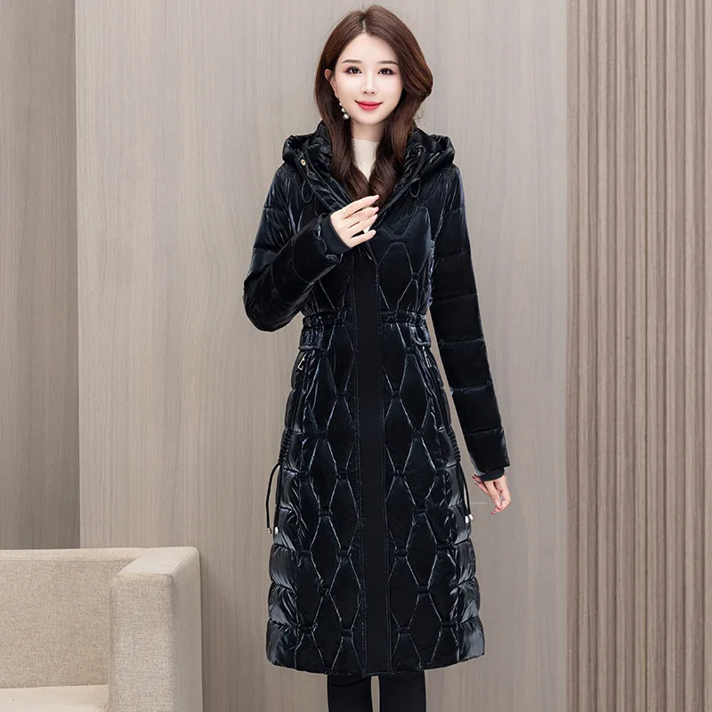 Women Hooded Parkas Coats Mid Lenth Jackets Solid Zipper Pocket Cinched Waist Glossy Long Sleeves Slim Thick Casual 2025 Winter