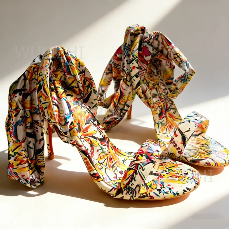 

Ethnic Colorful Graffiti Silk Sandals Cute Red Heels Girls Open Design Long Tassel Lace Satin Ankle Strap Open Sexy Party Shoes