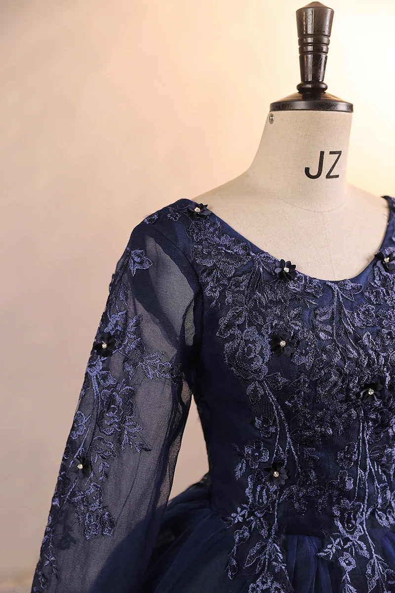 Auf Lager Marineblaues Partykleid mit Schleppe Günstige 15-Quinceanera-Kleider Langarm Formelles Abendkleid Günstiges Kleid Maßgeschneidert