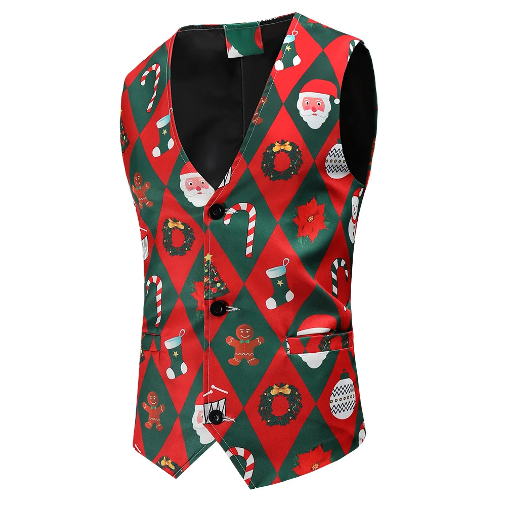 

Christmas Printed Vests for Men Single Breasted Slim Sleeveless Jacket Men Party Stage Performance Costume Suit Vest Waistcoat