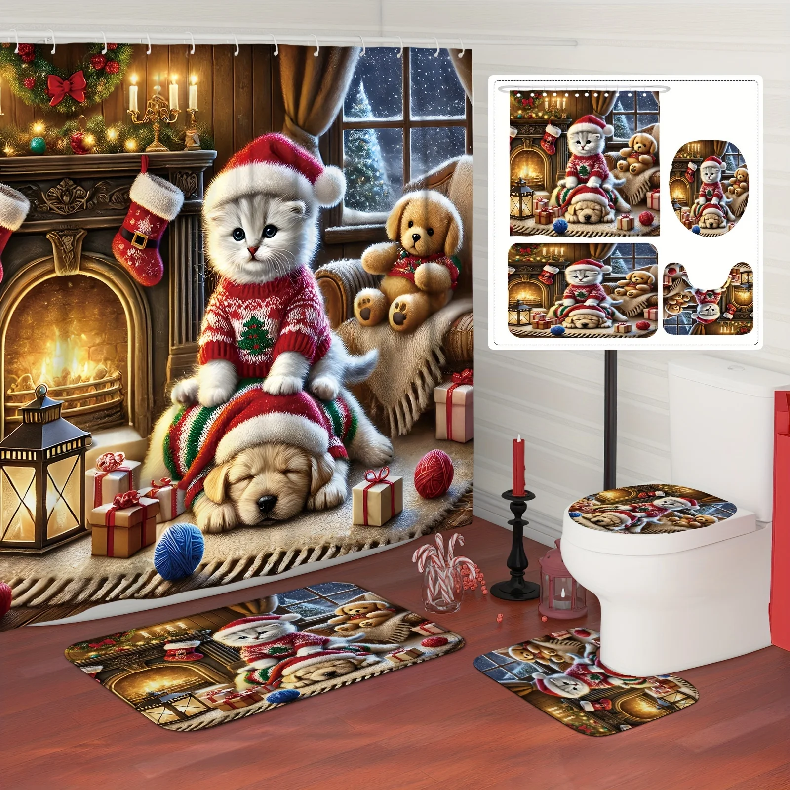 

Рождественский набор для ванной из 4 предметов, шапки Санта-Клауса, собаки, медведя, каминная сцена, красный, коричневый, праздничный декор для душа, 12 крючков, нескользящий коврик, U-образный чехол