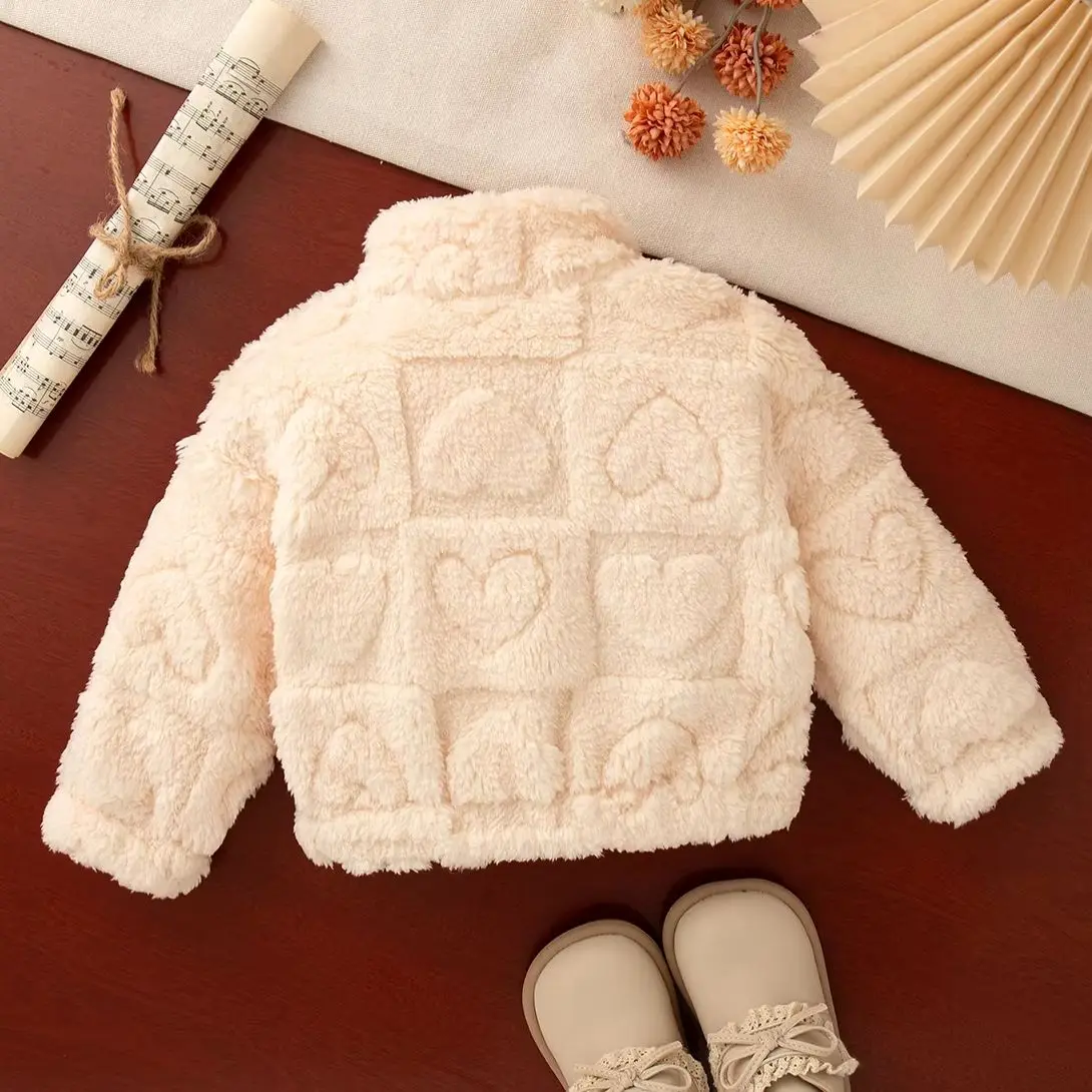 Autumn Winter Baby Girl Coat Love Pattern Zipper Solid Color Plush Coat Cute Outfit for Girls Outdoor Warm Wear