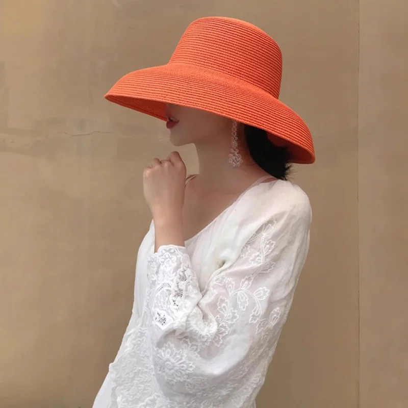 Orange Hat New Hepburn Style Women\'s Foldable Beach Hat Cover Outdoor Travel sun Hat шляпа соломенная