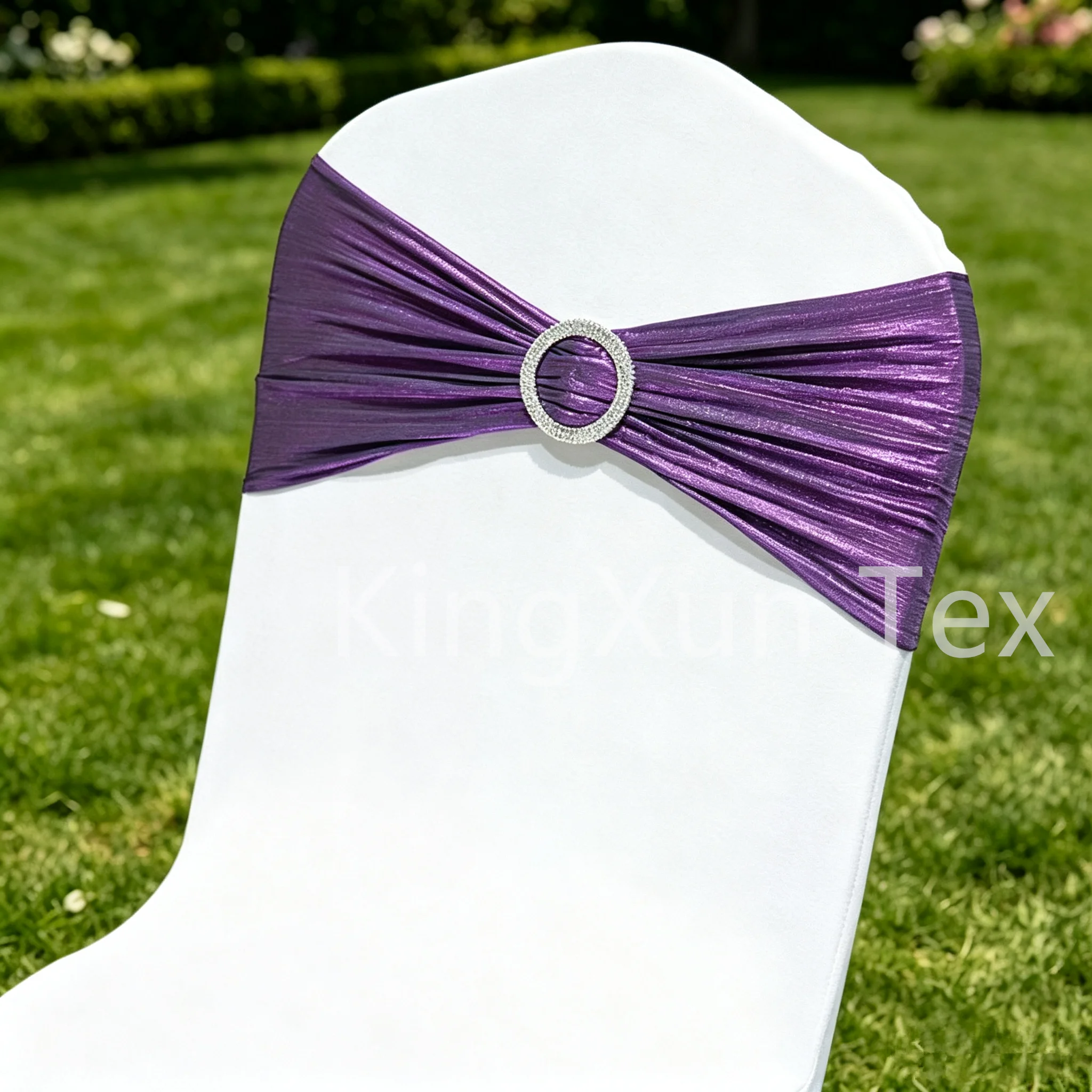 Ribbed Elastic Gold Foil Chair Sash with Rhinestone Ring Buckle for Wedding Chair Back Party Event Hotel Decoration
