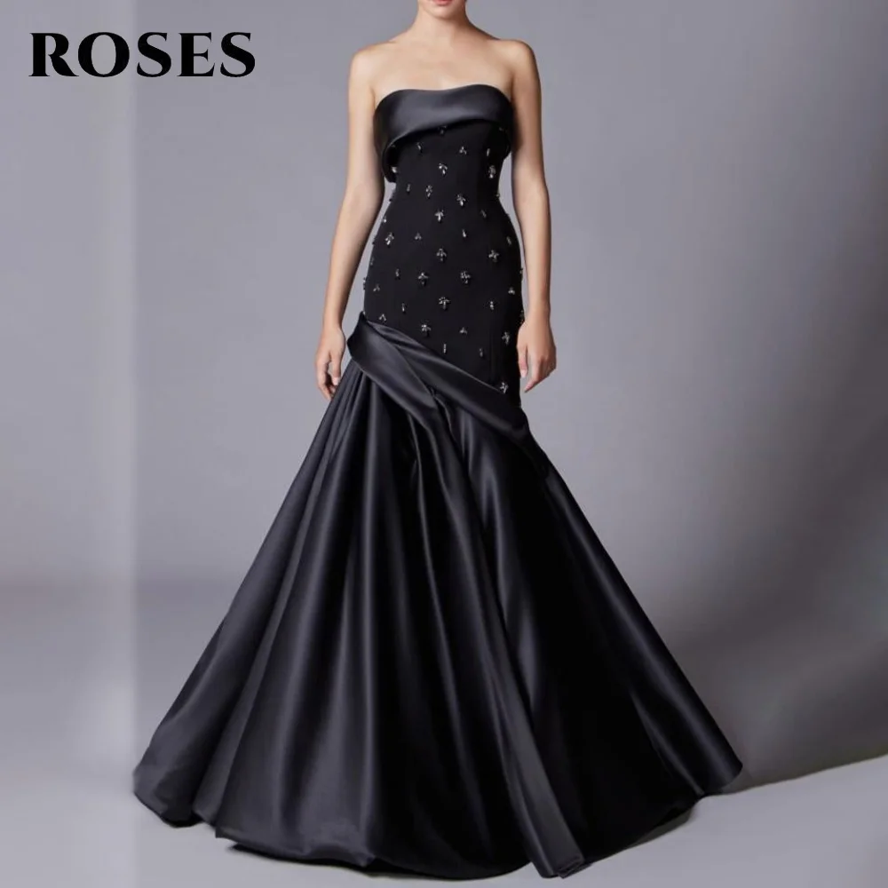 

ROSES Black Trumpet 프롬 드레 with Sequin Sleeveless Evening Gowns Sweetheart Satin Party Dresses for Formal Event Customized