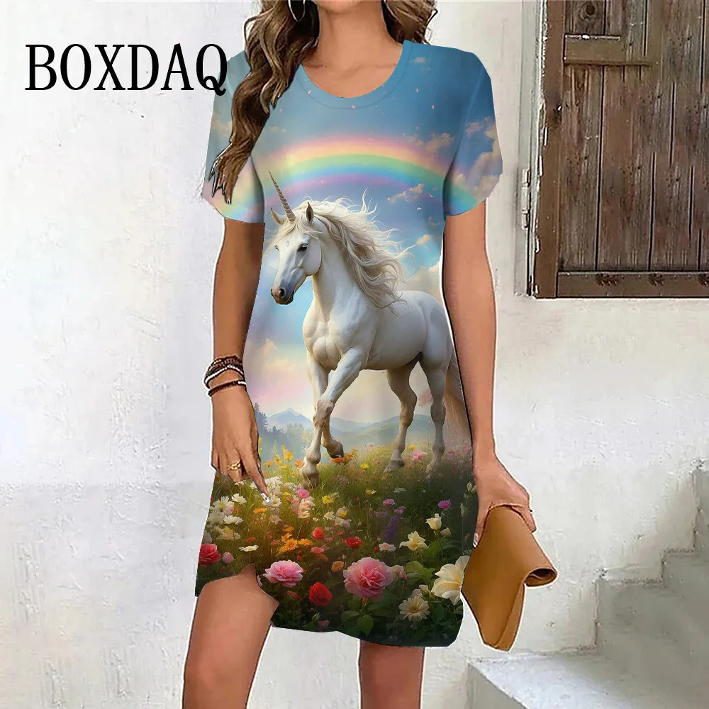 Women Sweet Rainbow Animal White Horse 3D Print Dress Summer Short Sleeve Ladies New Dress Casual Street Loose A-Line Mini Dress