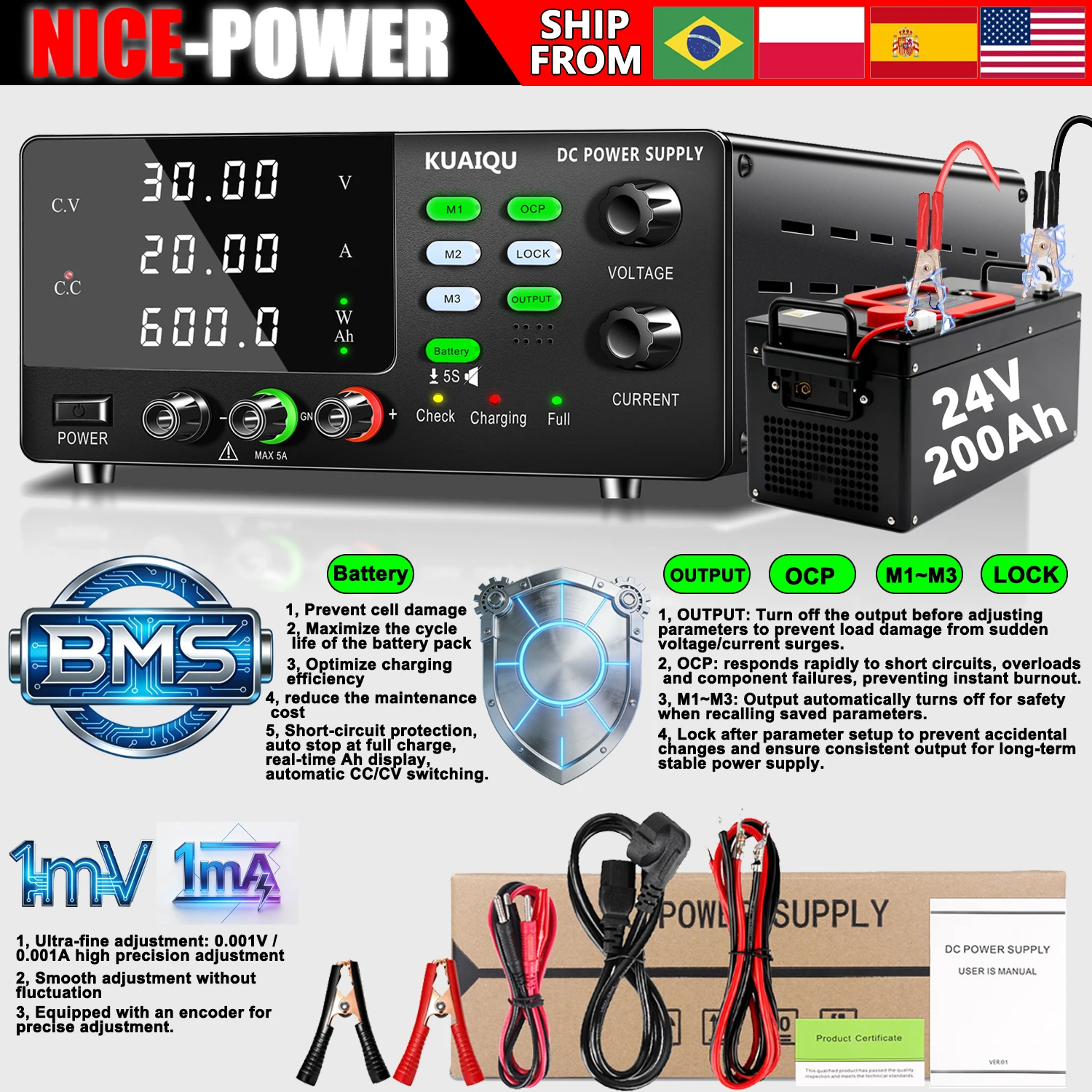 NICE-POWER Battery Charging Lab DC Power Supply Adjustable 12V 24V 36V 48V 60V 72V 100V Lead Acid/Lithium Battery Charging Test