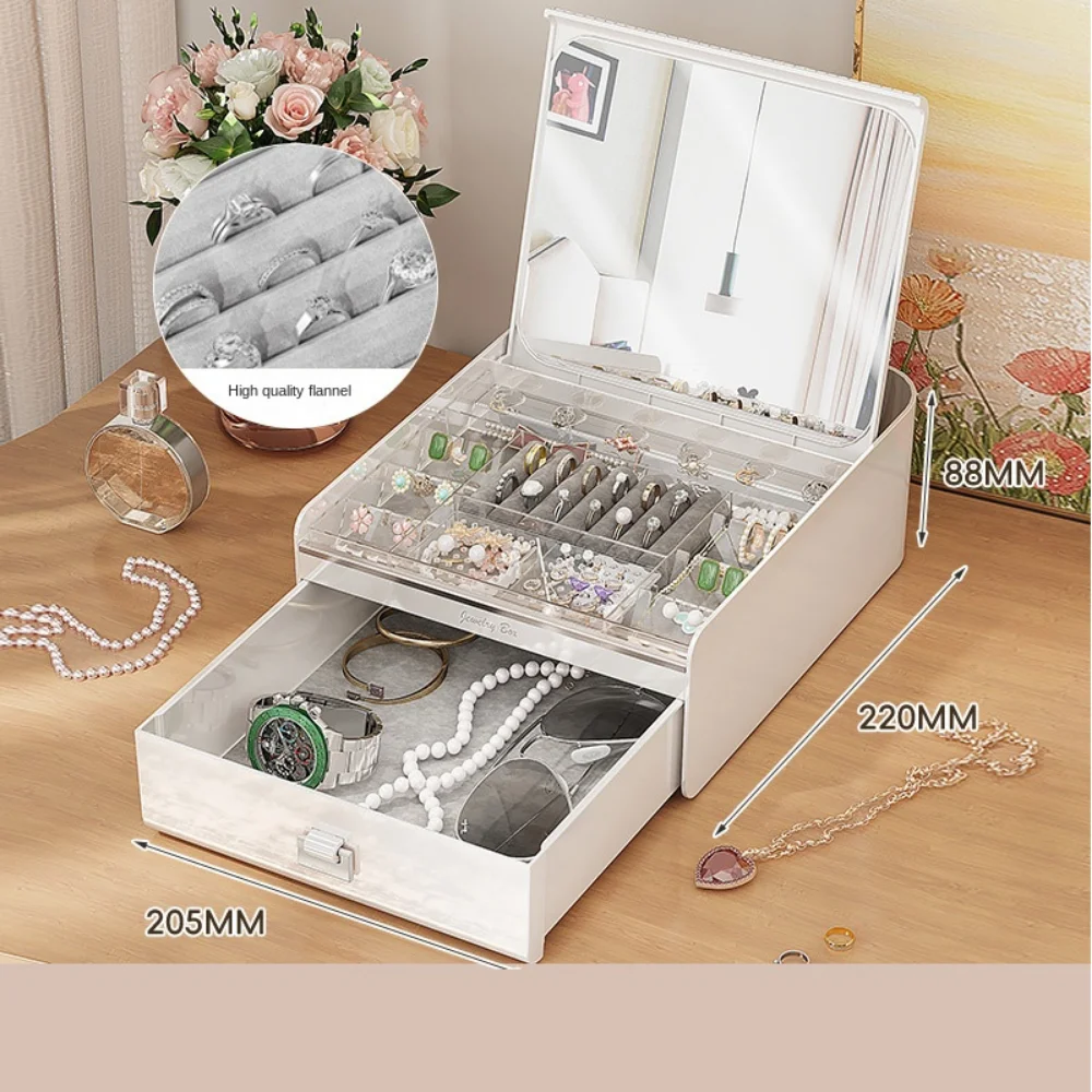 2-Layer Jewelry Box with Mirror Velvet Interior Dust-proof Jewelry Display Holder Multifunctional Multi-compartments