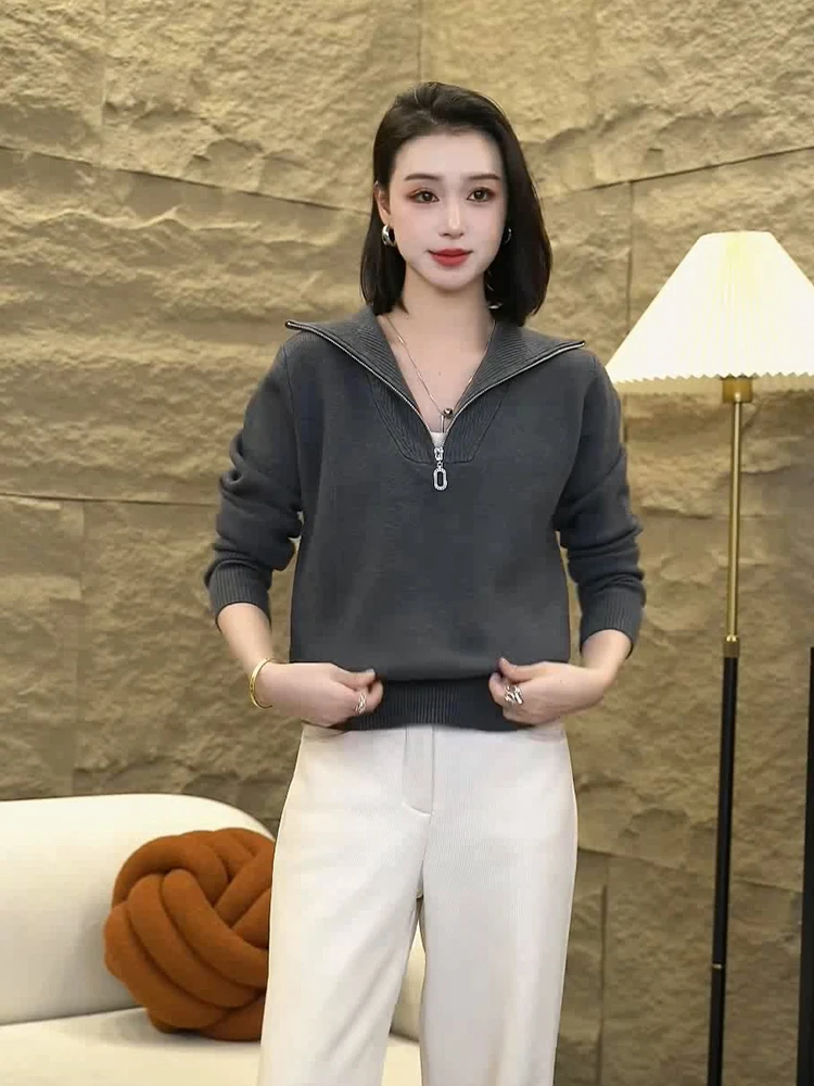 Faionable محبوك سترة المرأة f سستة الياقة ملابس داخلية التخسيس Sle جديد الخريف الشتاء فضفاضة تناسب مزدوجة سستة