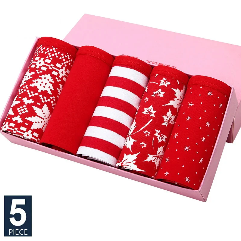 5Pcs/Set Cotton Panties Women Sexy Briefs Lucky Red Seamless Underwear Lovely Girls Panty Breathable Female Underpants M-2XL