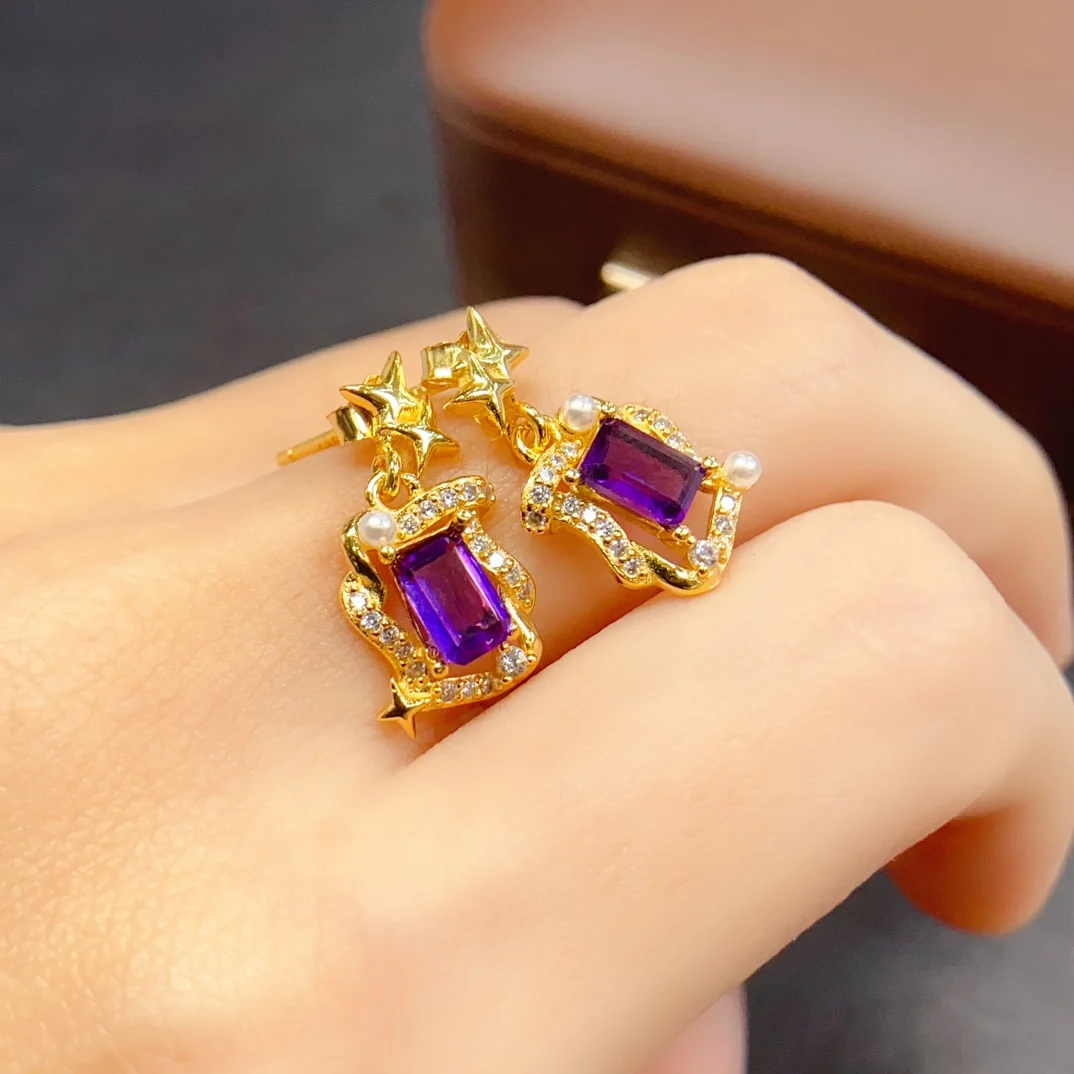 4*6mm 천연 자수정 귀걸이 S925 스털링 실버 인증서 고급 패션 참 웨딩 주얼리 여성용 FS