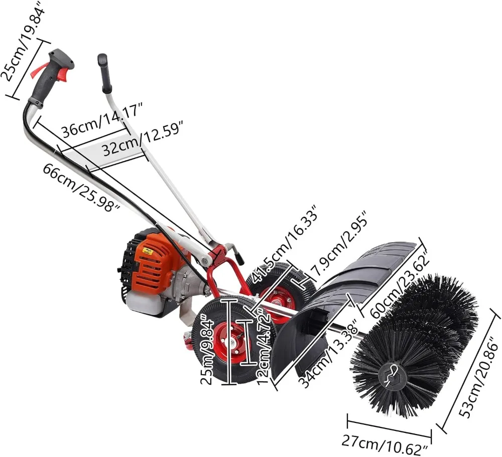 52CC Gas Power Broom, Walk-Behind Lawn Sweeper for Artificial Turf, Leaves, Debris & Snow Cleaning