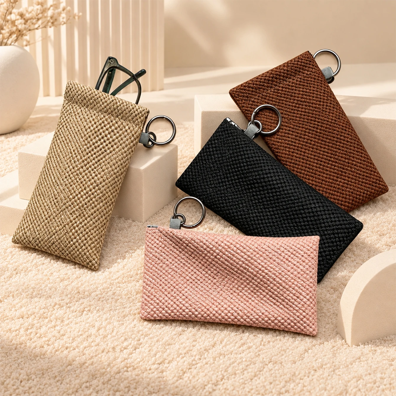 1pc Soft Woven Fabric Glasses Pouch With Keyring Ring Portable Anti‑scratch Slim Eyeglasses Storage Bag for Women Daily Travel