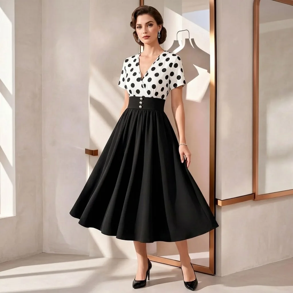 Elegant Commute Polka Dot Print Color Block Dress Sophisticated Skirt for Women Business Casual Fashion