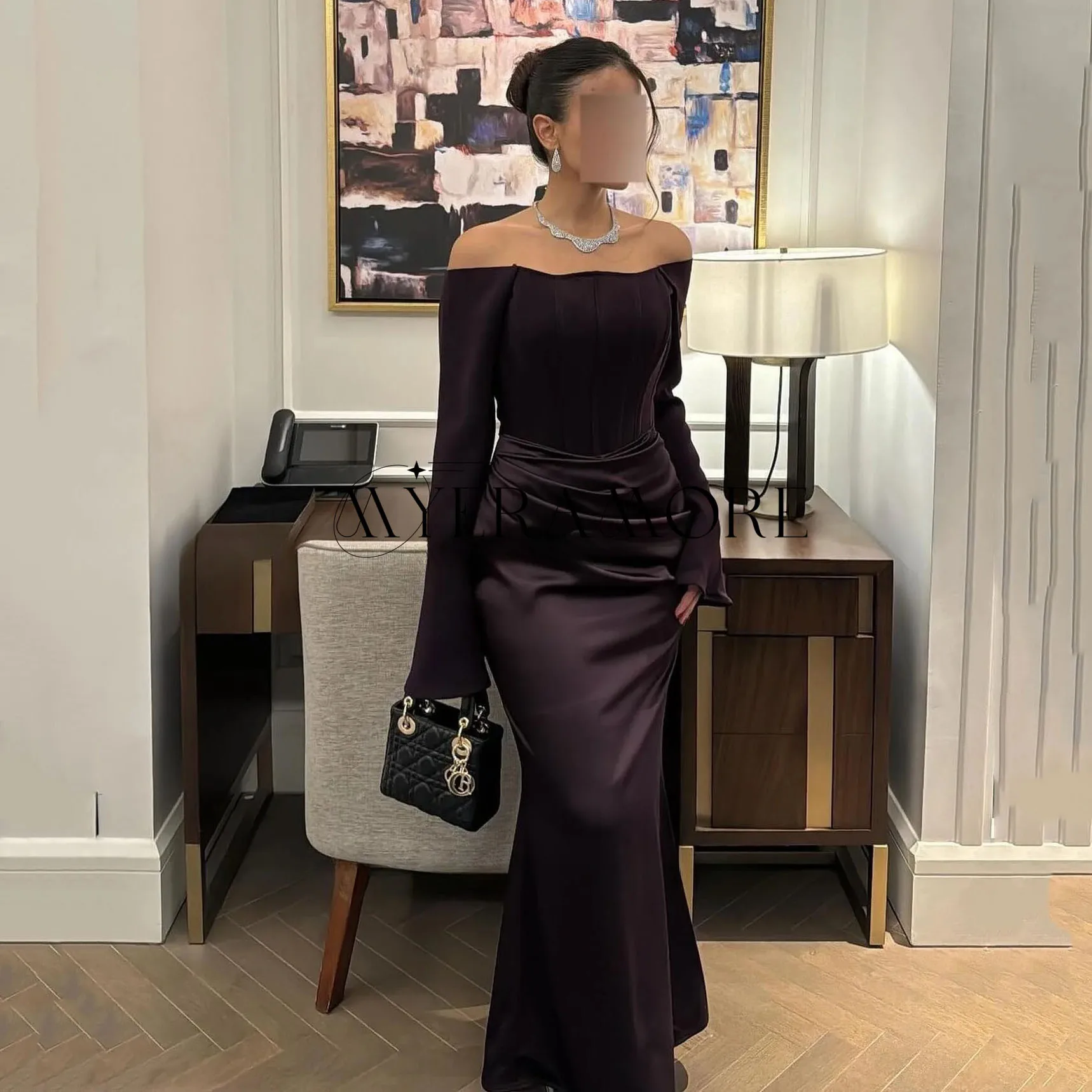 エレガントなオフショルダーイブニングドレス、マーメイドロングスリーブプリーツプロムドレス、カスタムメイドのローブ・ド・ソワレ