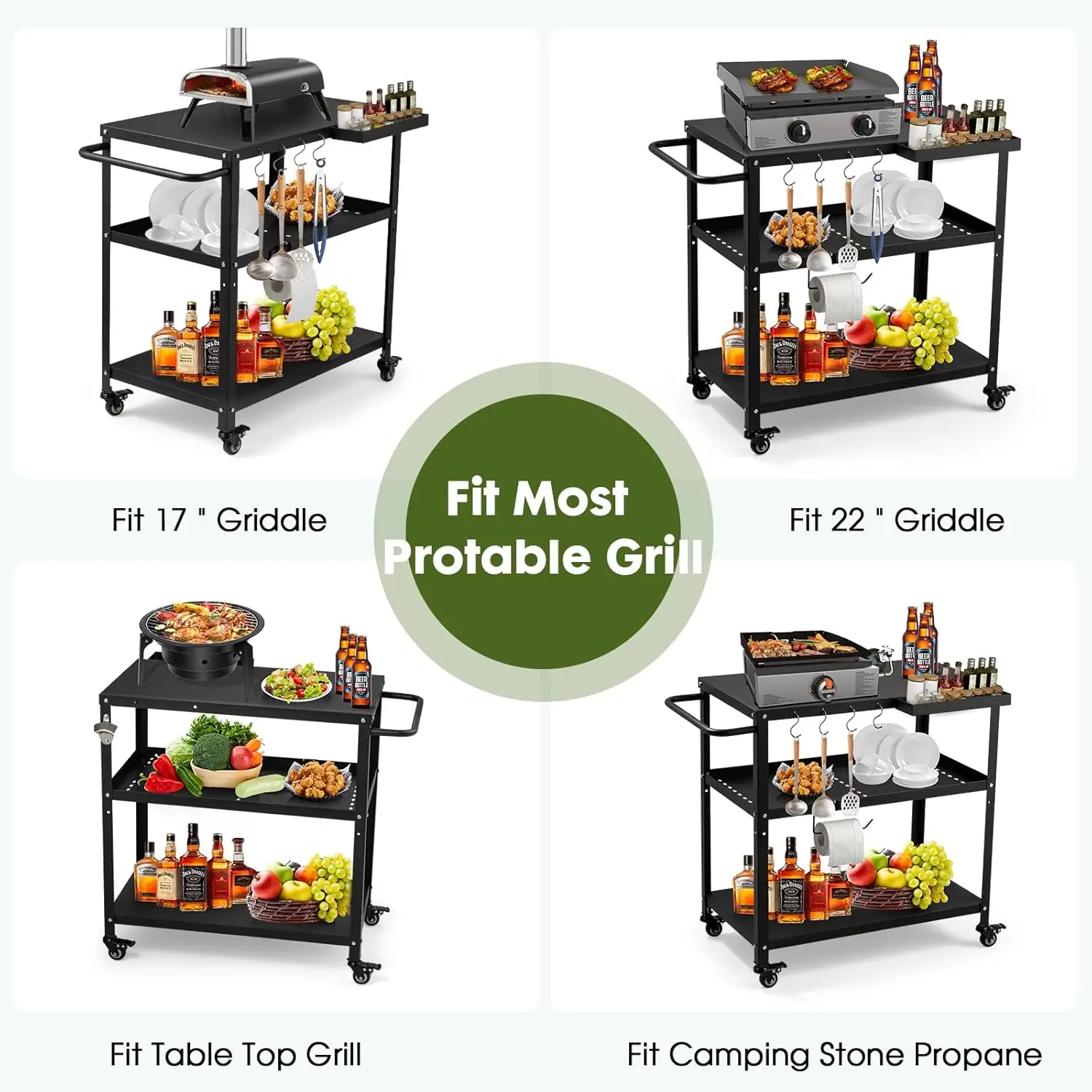 Mesa de carrito para parrilla al aire libre, mesa de horno de Pizza para interiores y exteriores, con 4 ruedas de bloqueo Total móviles, ganchos, mango lateral