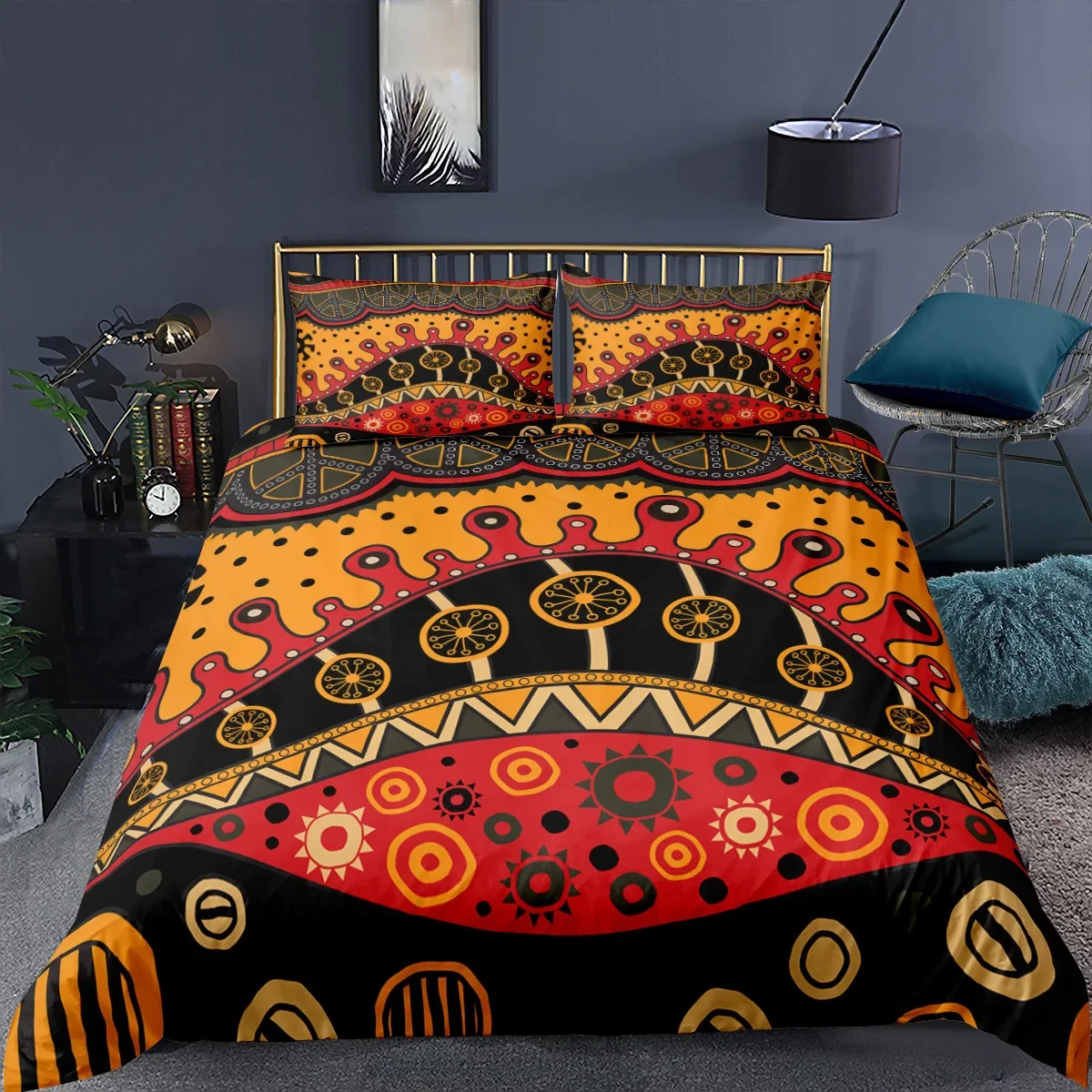 Bohemian Africa Duvet Cover Set King/Queen Size,boho Retro Exotic Tropical Ethnic Tribe Polyester Bedding Set for Teens Adults