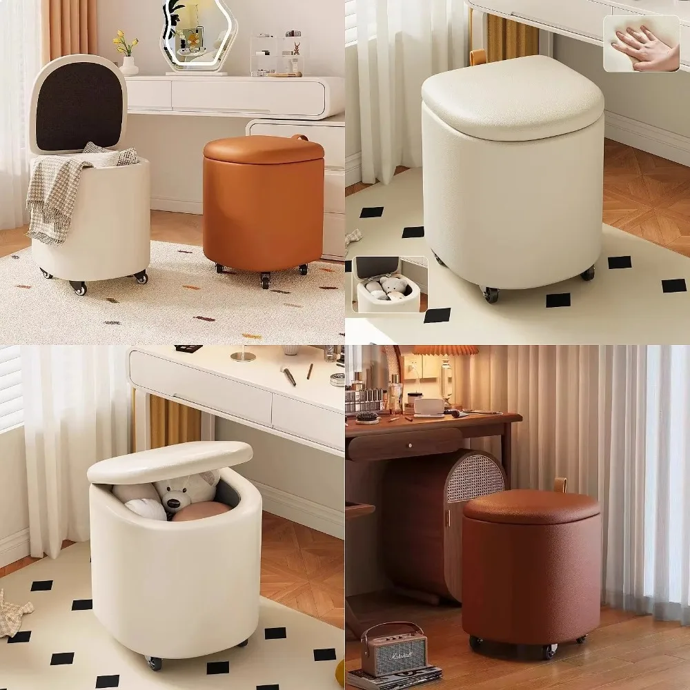 Makeup Stool Movable Bedroom Storage Dressing Stool Cream Wind Rotating Universal Low Stool Light Luxury High-end Leather Chair
