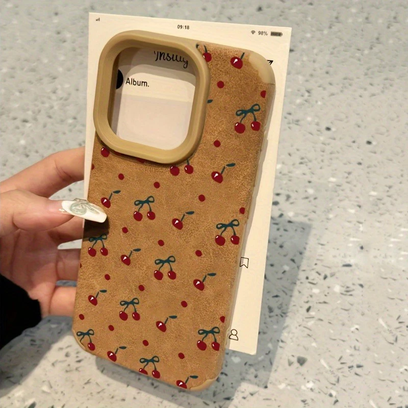 Full Screen Cherry Artificial Leather Veneer Suede Phone Case For iPhone 11 12 13 14 15 16 Pro Max XS X XR 16 15 Plus Back Cover