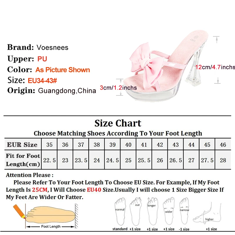 2024 New Summer Bow Lady Slippers 12CM High Heels Fashion All-match Thick Platform Sandals Mules Transparent Women Shoes Size 43