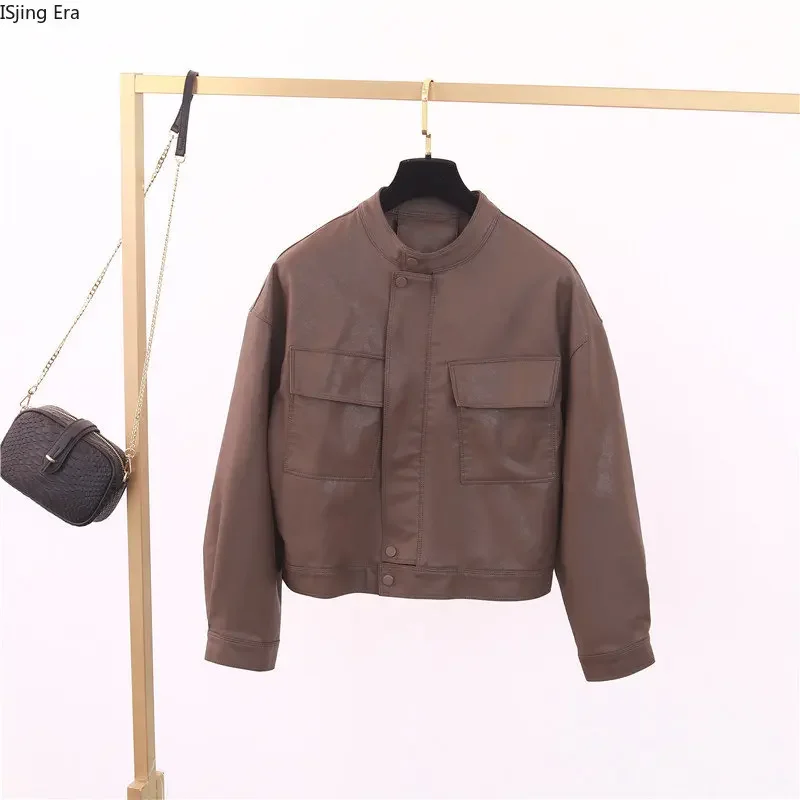 2023 Frühlings mode neue Damen Ledermantel loser Stehkragen große Tasche Lederjacke q8