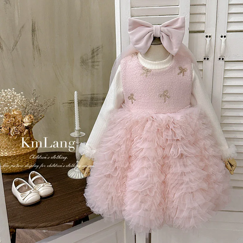 

Girls Dress Set 2025 Autumn and Winter New Children Performance Princess Dress Children Bow Dress Two Piece Set