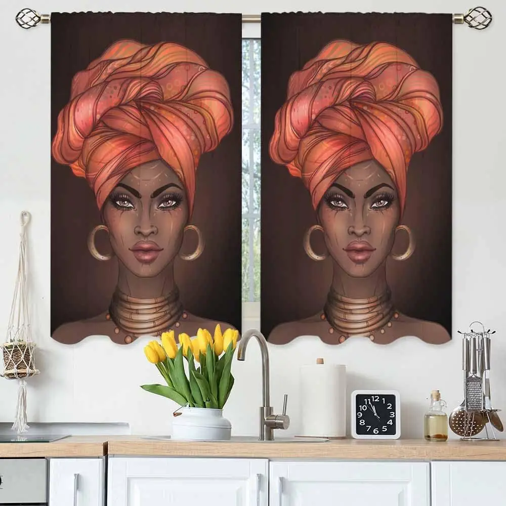 Black Woman Kitchen Curtains Pretty Girl with Glossy Lips and Turban Beauty Face Short Tier Curtains for Bathroom Cafe Small
