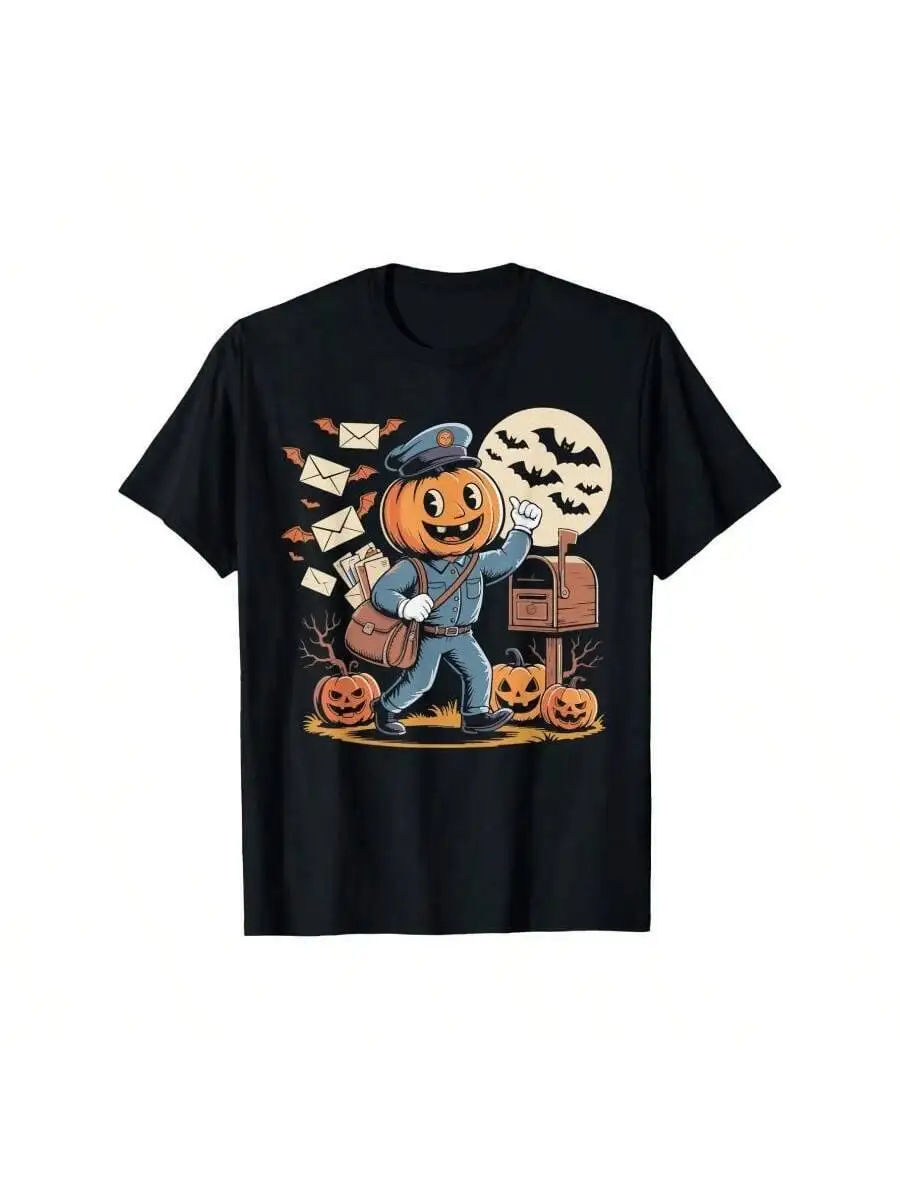 Men's Women's Spooky Mail Delivery Halloween T-Shirt 180Gsm Heavyweight Pumpkin Postman With Bats Jack-O'-Lanterns 100% Cotton